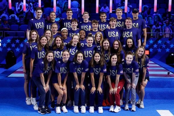 The United States Olympic Swimming team poses during Day Eight of the 2021 U.S. Olympic Team Swimming Trials at CHI Health Center on June 20, 2021 in...