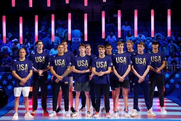 The United States Olympic men's Swimming team poses during Day Eight of the 2021 U.S. Olympic Team Swimming Trials at CHI Health Center on June 20,...