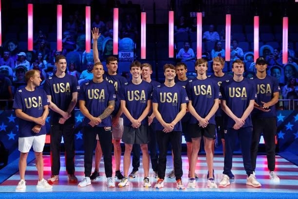 The United States Olympic men's Swimming team poses during Day Eight of the 2021 U.S. Olympic Team Swimming Trials at CHI Health Center on June 20,...