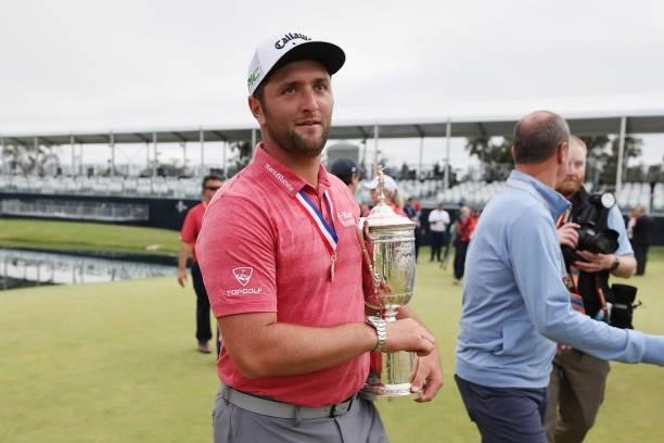 Jon Rahm of Spain leaves the trophy ceremony after winning during the final round of the 2021 U.S. Open at Torrey Pines Golf Course on June 20, 2021...