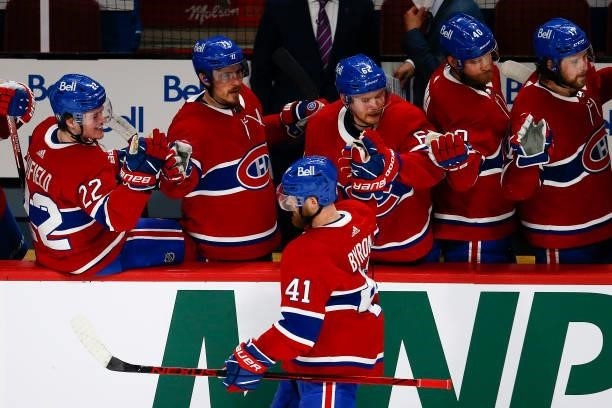 Paul Byron of the Montreal Canadiens is congratulated by his teammates after scoring a goal against the Vegas Golden Knights during the second period...