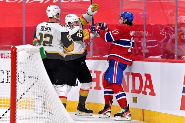 Shea Theodore of the Vegas Golden Knights and Josh Anderson of the Montreal Canadiens scuffle during the second period in Game Four of the Stanley...