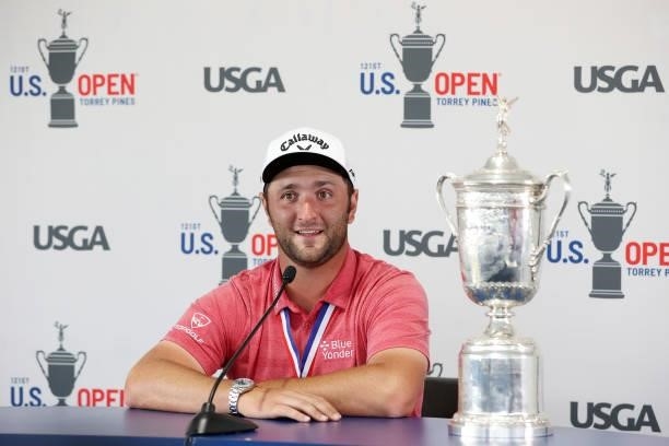 Jon Rahm of Spain speaks to the media during a press conference after winning the final round of the 2021 U.S. Open at Torrey Pines Golf Course on...