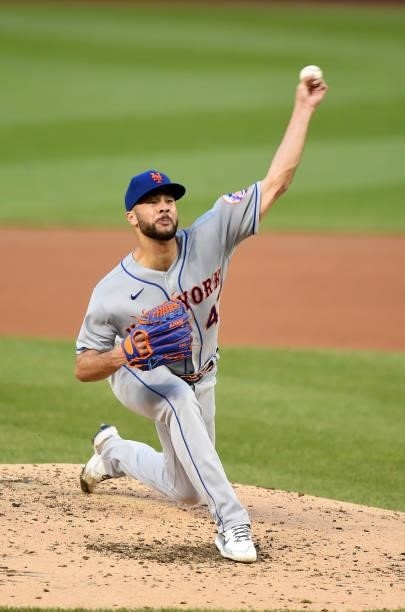 Joey Lucchesi of the New York Mets pitches against the Washington Nationals at Nationals Park on June 18, 2021 in Washington, DC.