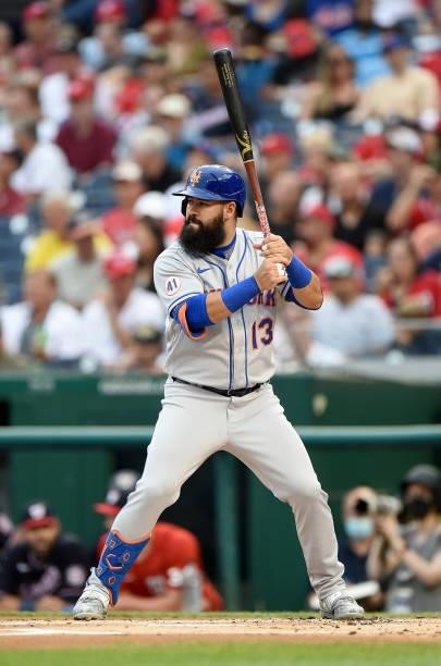 Luis Guillorme of the New York Mets bats against the Washington Nationals at Nationals Park on June 18, 2021 in Washington, DC.