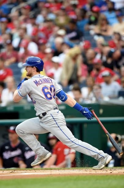 Billy McKinney of the New York Mets bats against the Washington Nationals at Nationals Park on June 18, 2021 in Washington, DC.