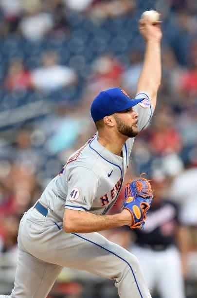 Joey Lucchesi of the New York Mets pitches against the Washington Nationals at Nationals Park on June 18, 2021 in Washington, DC.