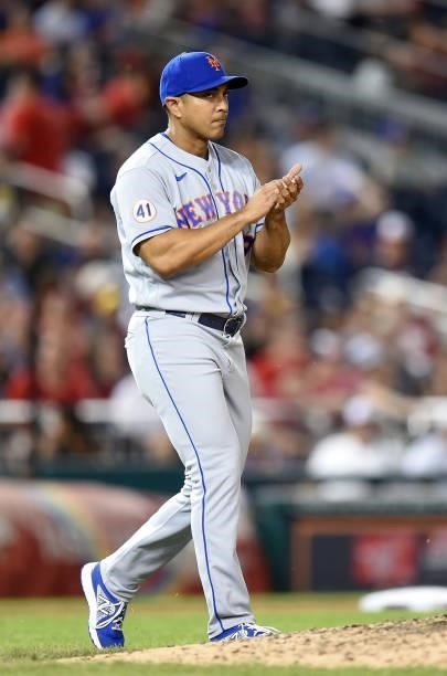 Manager Luis Rojas of the New York Mets walks across the field during the game against the Washington Nationals at Nationals Park on June 18, 2021 in...