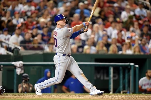 Pete Alonso of the New York Mets bats against the Washington Nationals at Nationals Park on June 18, 2021 in Washington, DC.