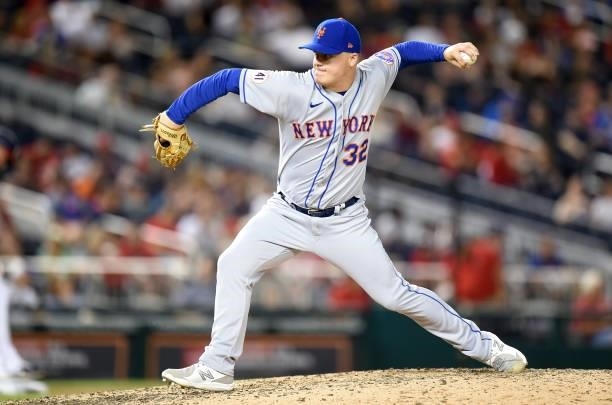 Aaron Loup of the New York Mets pitches against the Washington Nationals at Nationals Park on June 18, 2021 in Washington, DC.