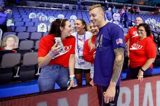 Caeleb Dressel of the United States reacts during Day Eight of the 2021 U.S. Olympic Team Swimming Trials at CHI Health Center on June 20, 2021 in...