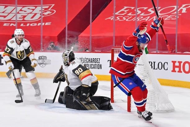 Paul Byron of the Montreal Canadiens celebrates after scoring a goal past Robin Lehner of the Vegas Golden Knights during the second period in Game...