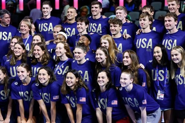 The United States Olympic Swimming team poses during Day Eight of the 2021 U.S. Olympic Team Swimming Trials at CHI Health Center on June 20, 2021 in...