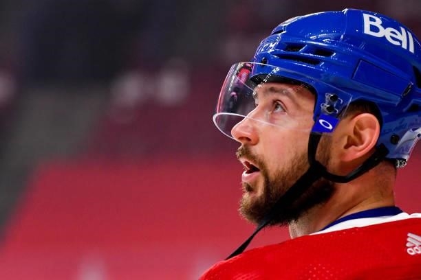 Tomas Tatar of the Montreal Canadiens skates in warm-ups prior to Game Four of the Stanley Cup Semifinals of the 2021 Stanley Cup Playoffs against...