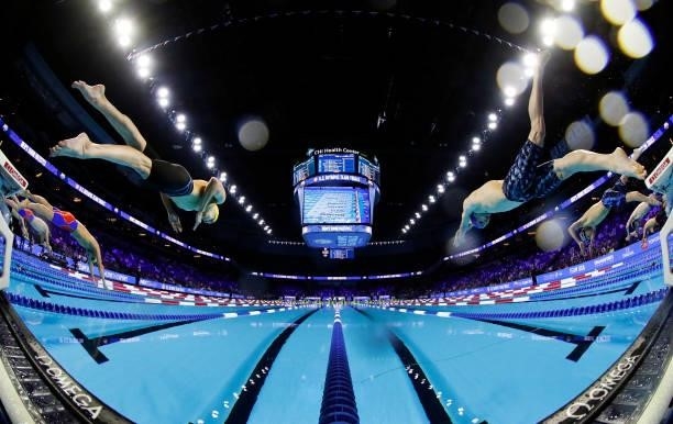 Michael Brinegar and Bobby Finke of the United States compete in the Men’s 1500m freestyle during Day Eight of the 2021 U.S. Olympic Team Swimming...