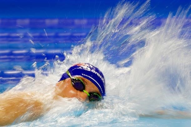 Bobby Finke of the United States competes in the Men’s 1500m freestyle final during Day Eight of the 2021 U.S. Olympic Team Swimming Trials at CHI...