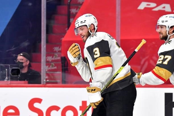 Brayden McNabb of the Vegas Golden Knights reacts after scoring a goal against the Montreal Canadiens during the third period in Game Four of the...