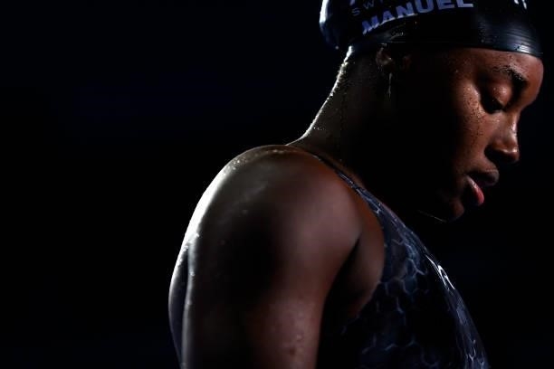 Simone Manuel of the United States reacts after competing in the Women's 50m freestyle final during Day Eight of the 2021 U.S. Olympic Team Swimming...
