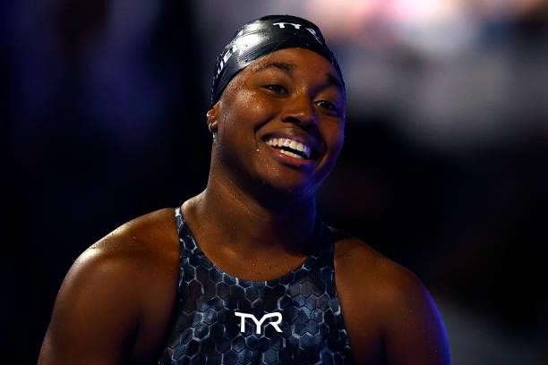 Simone Manuel of the United States reacts after competing in the Women's 50m freestyle final during Day Eight of the 2021 U.S. Olympic Team Swimming...