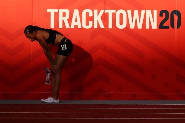 Allyson Felix celebrates after finishing second in the Women's 400 Meters Final on day three of the 2020 U.S. Olympic Track & Field Team Trials at...