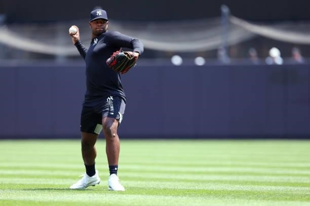 Pitcher Luis Severino of the New York Yankees throws in the outfield before a game against the Oakland Athletics at Yankee Stadium on June 19, 2021...