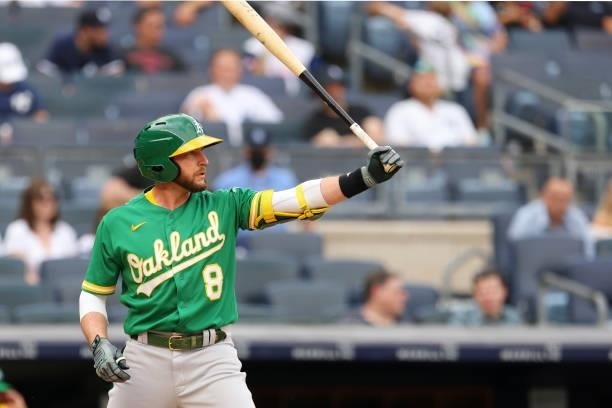 Jed Lowrie of the Oakland Athletics in action against the New York Yankees during a game at Yankee Stadium on June 19, 2021 in New York City.
