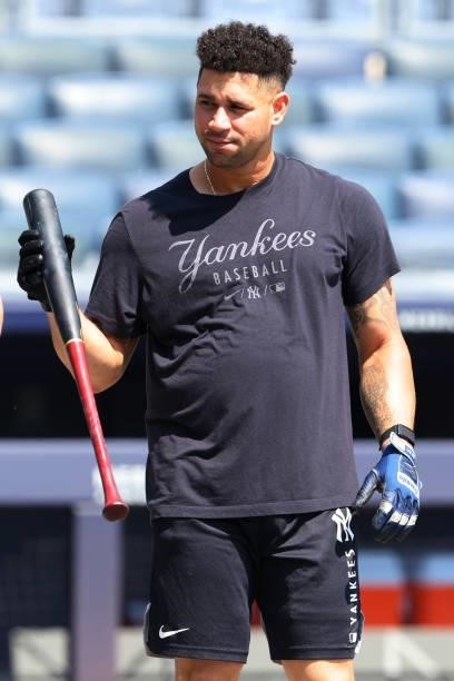 Gary Sanchez of the New York Yankees takes batting practice before a game against the Oakland Athletics at Yankee Stadium on June 19, 2021 in New...