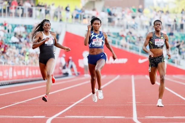 Quanera Hayes runs to the finish line to finish first in the Women's 400 Meters Final on day three of the 2020 U.S. Olympic Track & Field Team Trials...