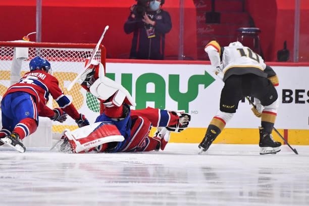 Nicolas Roy of the Vegas Golden Knights scores the game-winning goal past Carey Price of the Montreal Canadiens during the first overtime period in...