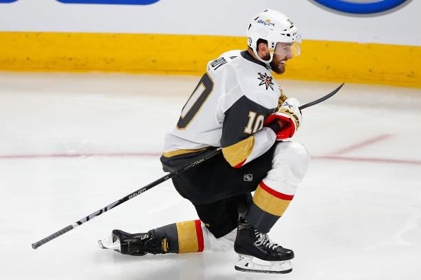 Nicolas Roy of the Vegas Golden Knights celebrates after scoring the game-winning goal during the first overtime period against the Montreal...