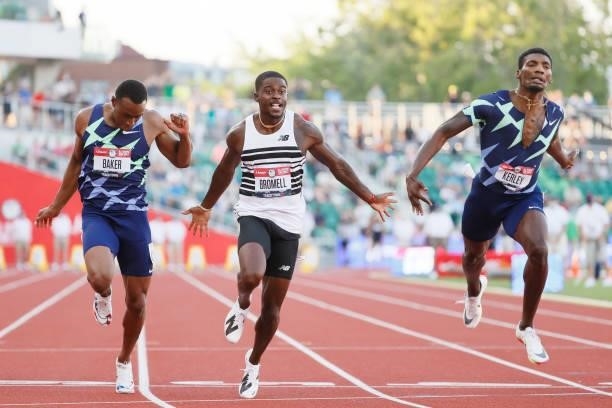 Trayvon Bromell, Ronnie Baker and Fred Kerley cross the finish line in the Men's 100 Meter Final on day three of the 2020 U.S. Olympic Track & Field...