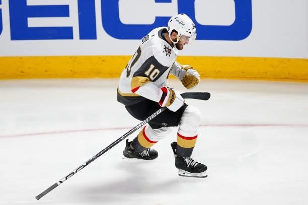 Nicolas Roy of the Vegas Golden Knights celebrates after scoring the game-winning goal during the first overtime period against the Montreal...