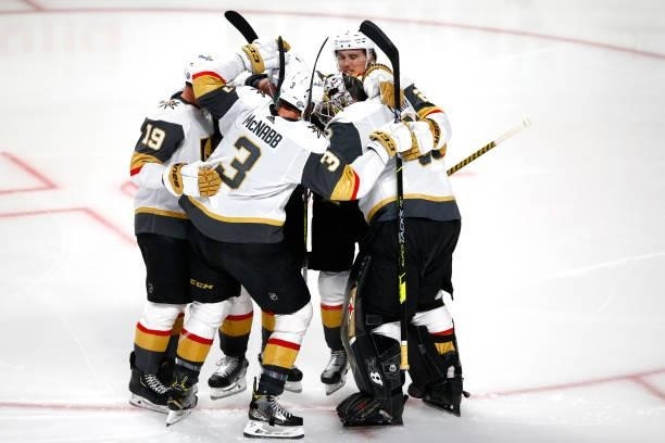 The Vegas Golden Knights celebrate their 2-1 overtime victory against the Montreal Canadiens in Game Four of the Stanley Cup Semifinals of the 2021...