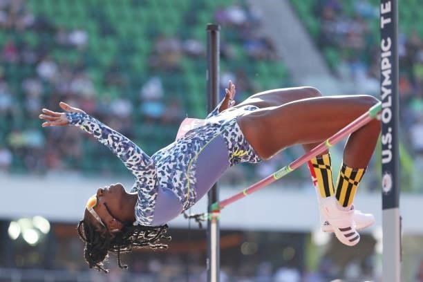 Amina Smith competes in the Women's High Jump Final on day three of the 2020 U.S. Olympic Track & Field Team Trials at Hayward Field on June 20, 2021...