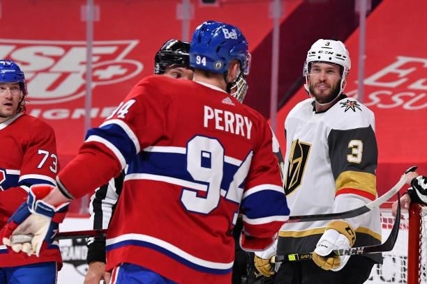 Brayden McNabb of the Vegas Golden Knights and Corey Perry of the Montreal Canadiens exchange words during the second period in Game Four of the...