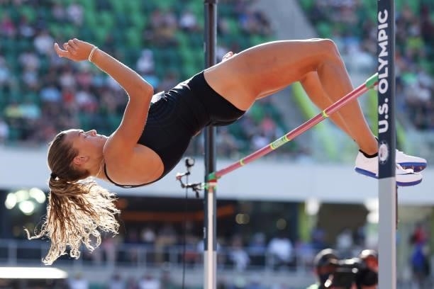 Anna Hall competes in the Women's High Jump Final on day three of the 2020 U.S. Olympic Track & Field Team Trials at Hayward Field on June 20, 2021...