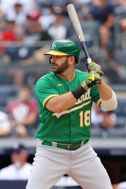 Mitch Moreland of the Oakland Athletics in action against the New York Yankees during a game at Yankee Stadium on June 19, 2021 in New York City.