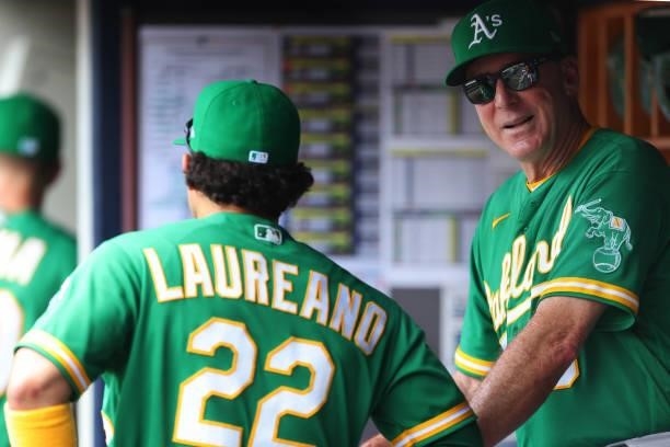 Manager Bob Melvin of the Oakland Athletics talks with Ramón Laureano during a game against the New York Yankees at Yankee Stadium on June 19, 2021...