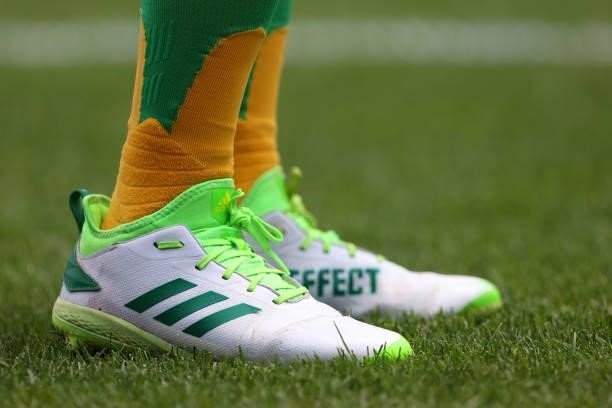 The Adidas shoes worn by Tony Kemp of the Oakland Athletics in action against the New York Yankees during a game at Yankee Stadium on June 19, 2021...