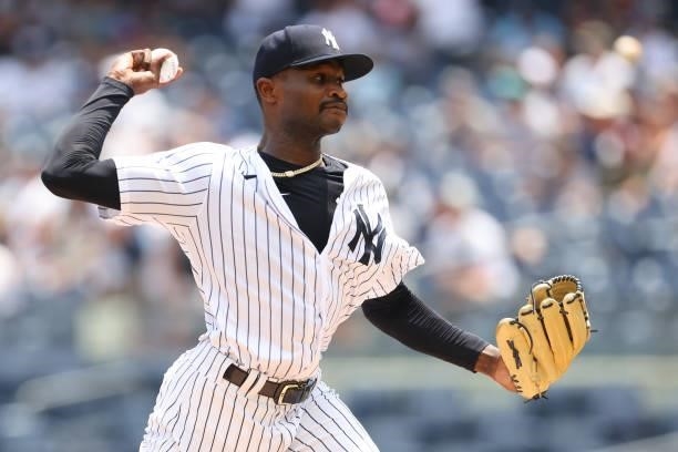 Domingo German of the New York Yankees in action against the Oakland Athletics during a game at Yankee Stadium on June 19, 2021 in New York City.