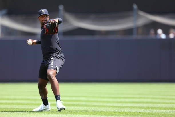 Pitcher Luis Severino of the New York Yankees throws in the outfield before a game against the Oakland Athletics at Yankee Stadium on June 19, 2021...