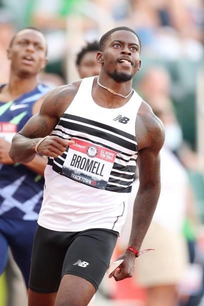 Trayvon Bromell reacts after winning the Men's 100 Meter Final on day three of the 2020 U.S. Olympic Track & Field Team Trials at Hayward Field on...