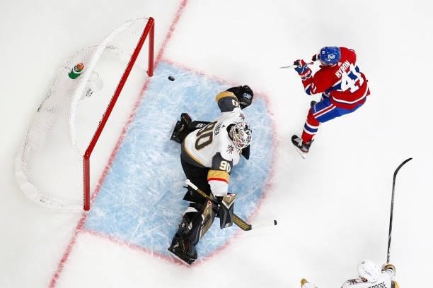Paul Byron of the Montreal Canadiens scores a goal past Robin Lehner of the Vegas Golden Knights during the second period in Game Four of the Stanley...