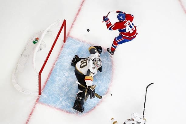 Paul Byron of the Montreal Canadiens scores a goal past Robin Lehner of the Vegas Golden Knights during the second period in Game Four of the Stanley...