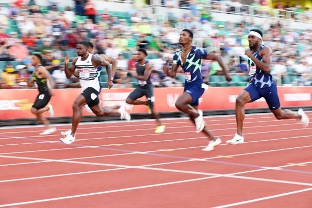 Trayvon Bromell, Ronnie Baker and Fred Kerley cross the finish line in the Men's 100 Meter Final on day three of the 2020 U.S. Olympic Track & Field...