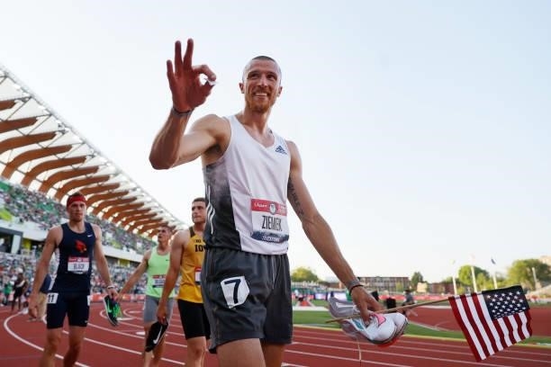Zach Ziemek reacts after placing third in the Men's Decathon on day three of the 2020 U.S. Olympic Track & Field Team Trials at Hayward Field on June...