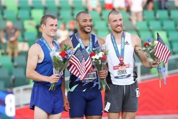 Garrett Scantling , first, Steven Bastien , Zach Ziemek , third, pose after the Men's Decathon on day three of the 2020 U.S. Olympic Track & Field...