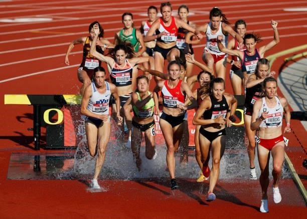 Runners compete in the Women's 3000 Meter Steeplechase first round on day three of the 2020 U.S. Olympic Track & Field Team Trials at Hayward Field...