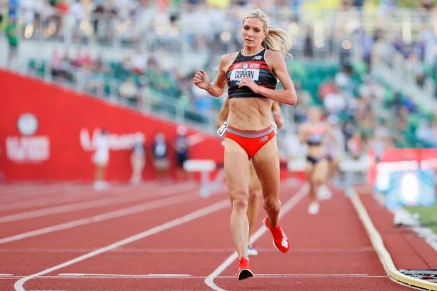 Emma Coburn reacts after winning her heat of the Women's 3000 Meter Steeplechase first round on day three of the 2020 U.S. Olympic Track & Field Team...