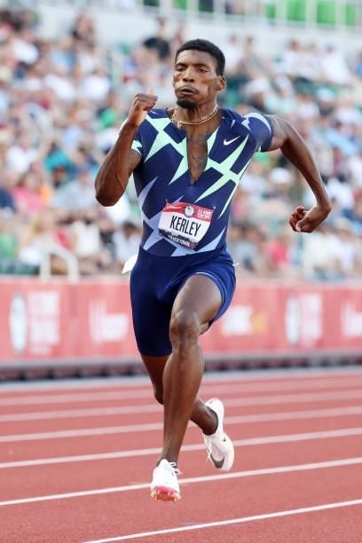 Fred Kerley competes in the Men's 100 Meter Final on day three of the 2020 U.S. Olympic Track & Field Team Trials at Hayward Field on June 20, 2021...